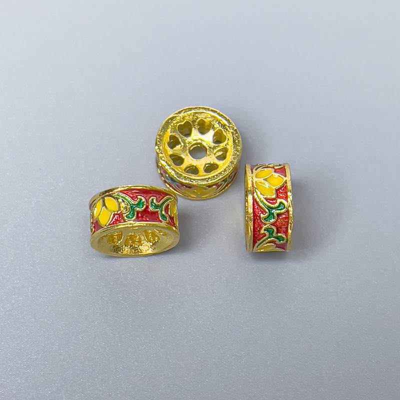 Bead Cloisonné Rondelle Red, Yellow and Green Enamel, Gold-Tone Metal, 10x5mm, Hole 2mm, 1 pc