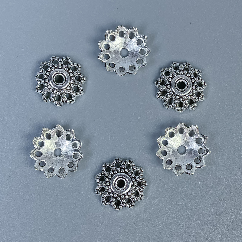 Bead caps in silver metal color, diameter 11.5×1 mm, hole diameter 1.5 mm, packaging 32 pcs