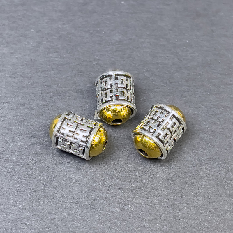 Bead inserts, silver- and gold-toned metal color, diameter 11.5×8 mm, hole diameter approx 2 mm, packaging 3 pcs