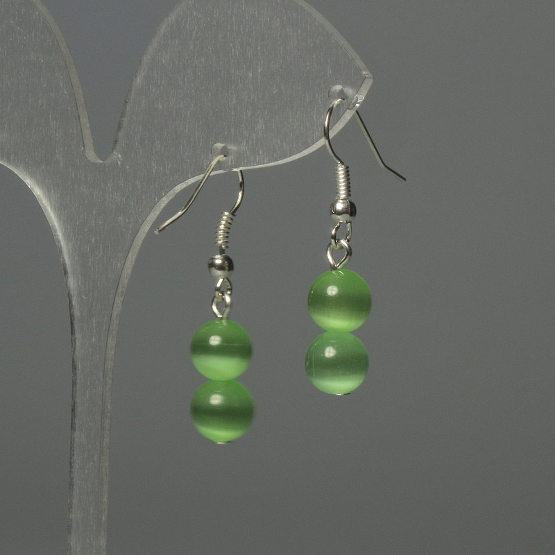 Cat's Eye Bead Earrings, 8mm Ball, Green Color, Length 37mm+