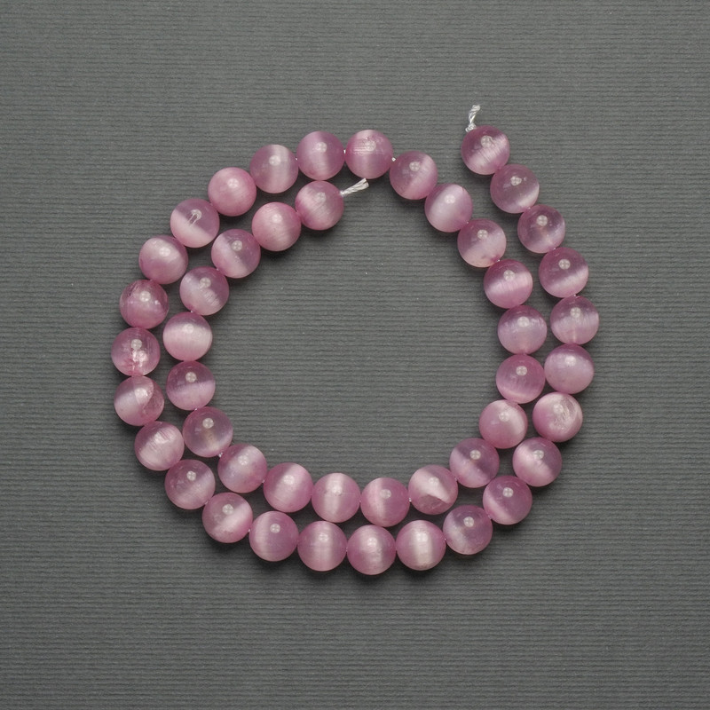 Pink Cat's Eye Beads, Pink Synthetic Stone, Smooth Round Bead, Diameter 8mm, on a Thread, Length 39cm