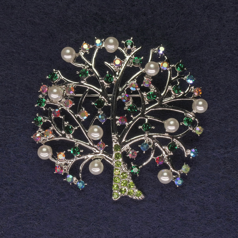 Brooch Tree with Crystals and Pearls, Silver-Colored Metal, 46mm Diameter +