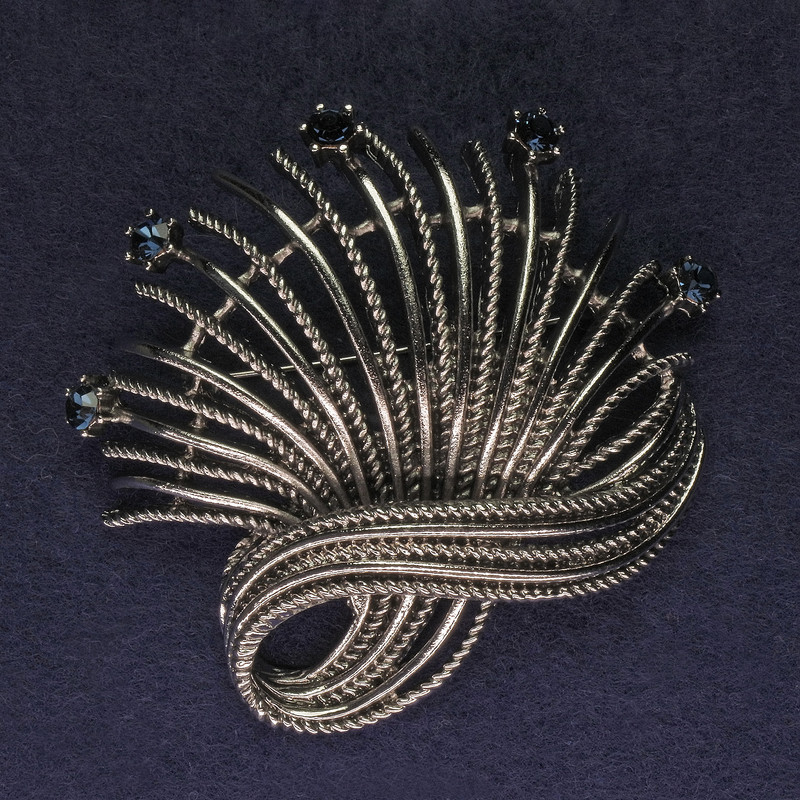 Brooch Accent with blue crystals, silver metal, 67×63 mm+