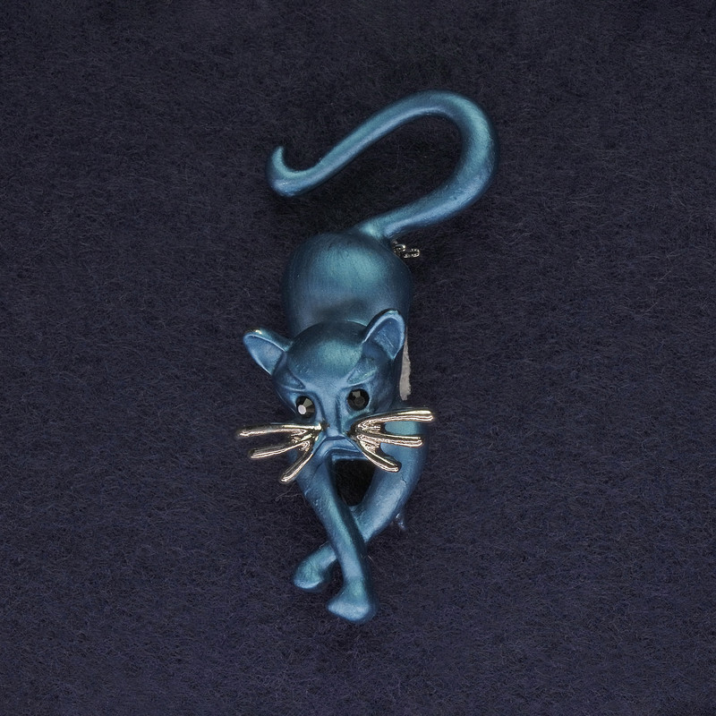 Blue Cat Brooch with Rhinestones