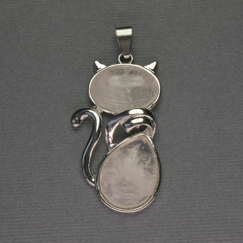 Cat Pendant with Rock Crystal 25x51mm ± Silver-Tone Metal