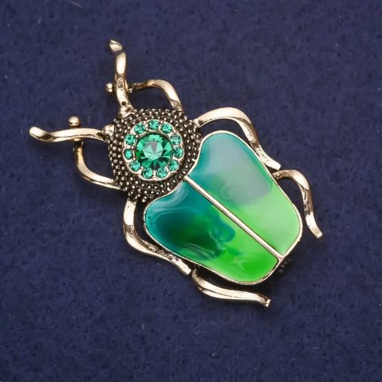 Emerald Beetle Brooch, Green Enamel, 55x30mm, Yellow Metal