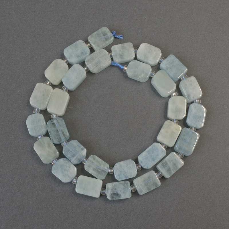 Aquamarine Beads, Rectangular Cut, 10–12×9 mm ±, with 3 mm ± beads, 39 cm ± length on thread