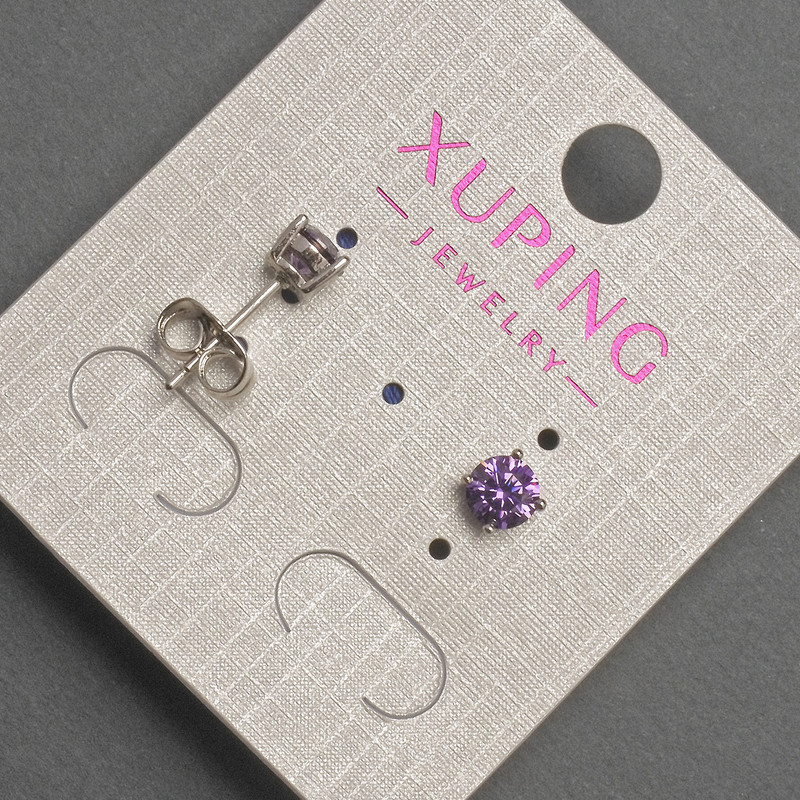Xuping Stud Earrings with Purple Crystal, 5 mm Diameter, Rhodium-Plated