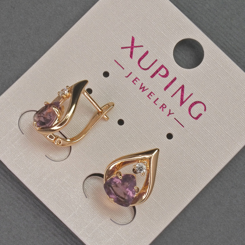 Xuping Earrings with White Rhinestones and Purple Crystal, 11mm diameter+-, 16mm length+-, 18K Gold Plating