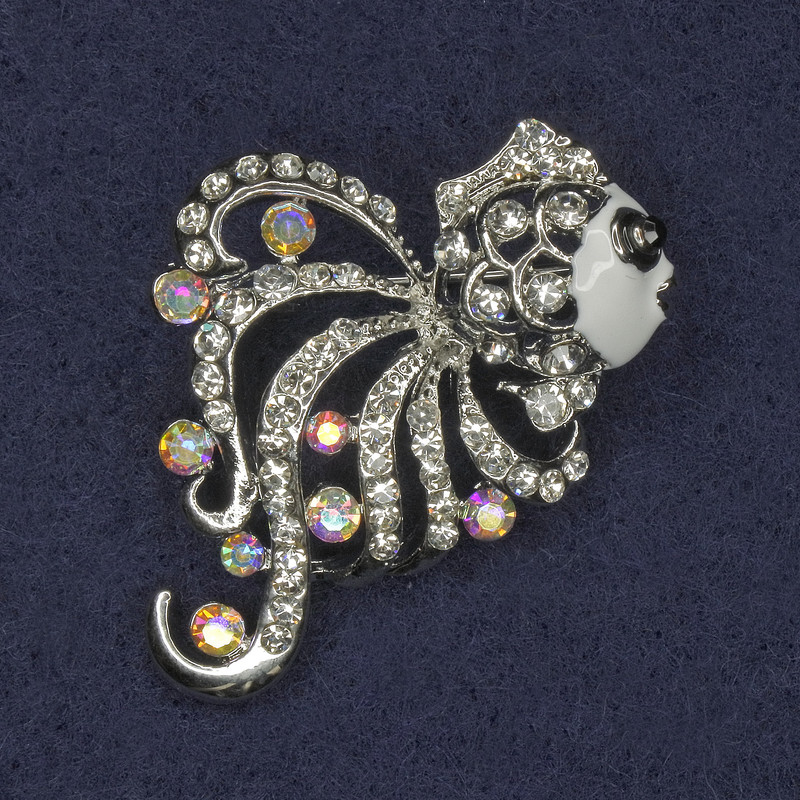 Brooch Fish with Crystals, White Enamel, Silver-Toned Metal 30x33mm+