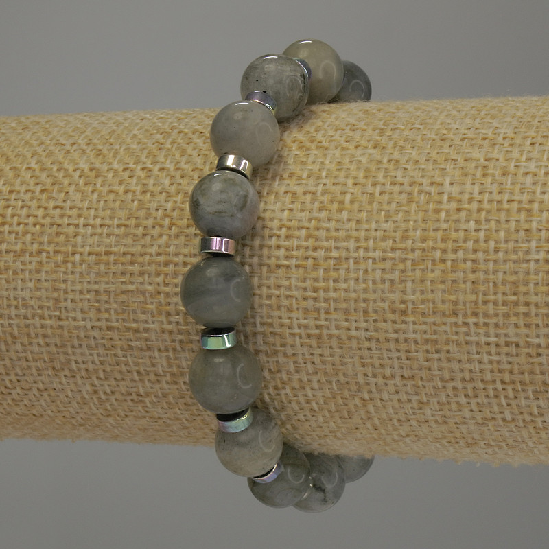 Bracelet Labradorite Smooth Bead, 10 mm Diameter ±, Hematite Rondelle 5x2 mm ±, 18 cm stretch
