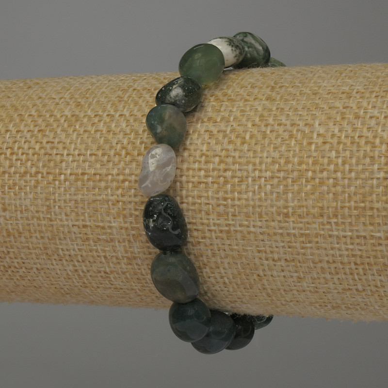 Mossy Agate Bracelet, Faceted, 10x7-8 mm diameter, 18 cm length, stretch
