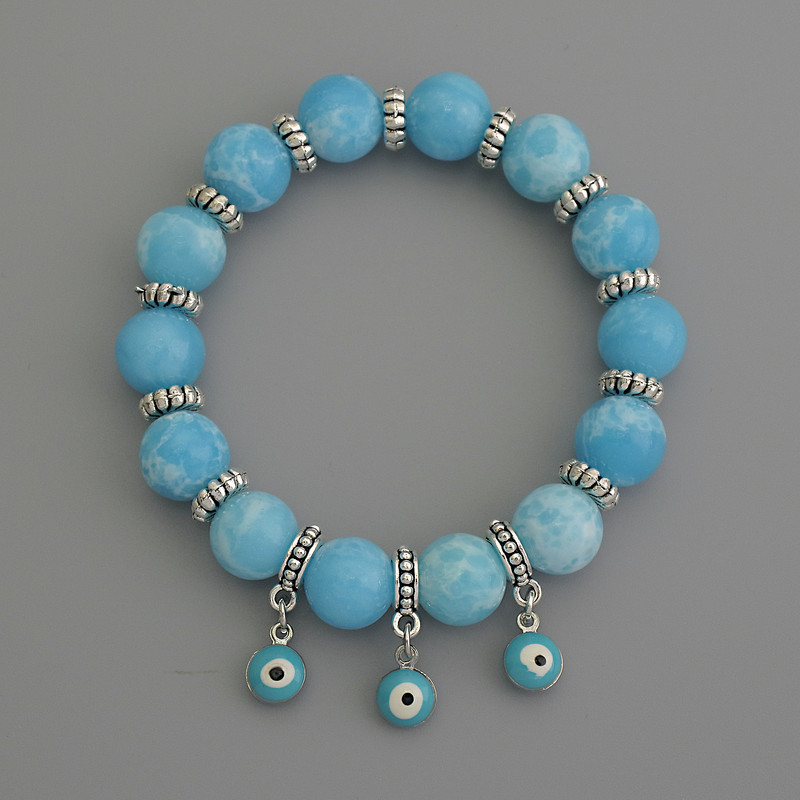 Larimar Bracelet with Smooth Beads, 10 mm Diameter, with Metal Inserts, 18 cm Stretch