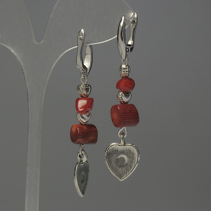 Coral earrings with metal inserts, length 57 mm+