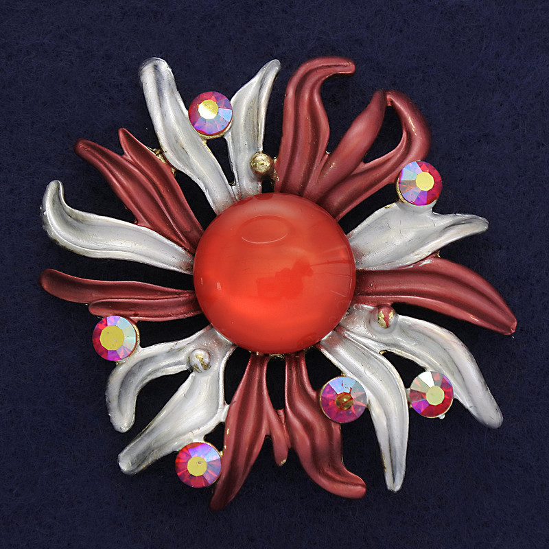 Flower Brooch, diameter 63 mm ±, red and silver enamel with crystals, magnetic fastening