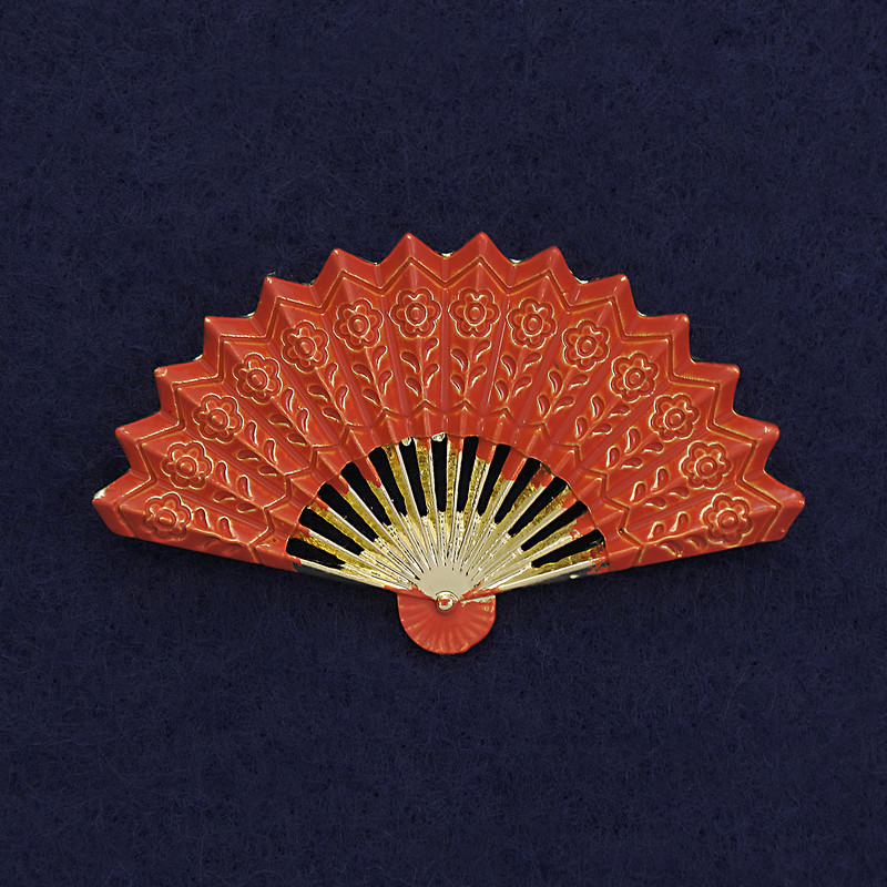 Brooch Fan orange enamel gold-tone metal 54x33mm+