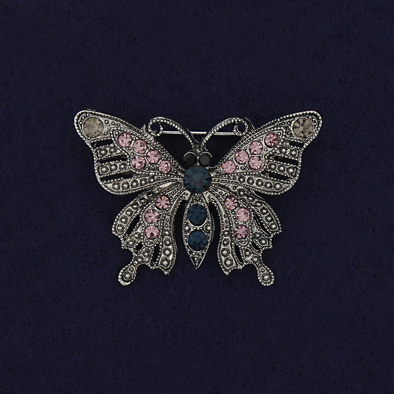 Butterfly Brooch with Crystals, Silver-Toned Metal, 41×30 mm +