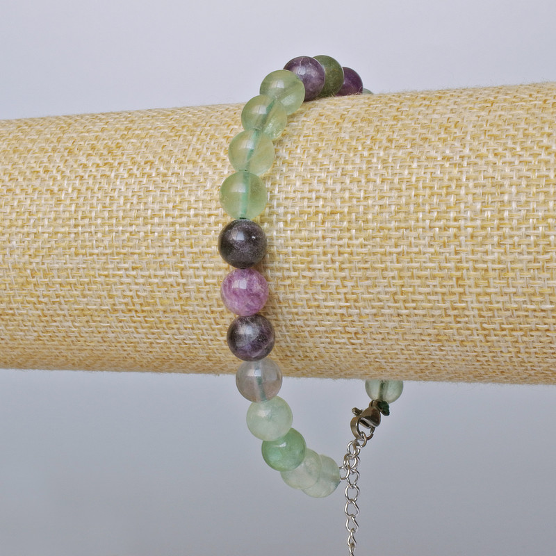 Fluorite Bracelet with Smooth Beads, 8 mm Diameter, Adjustable Length 19–24 cm, Silver Clasp