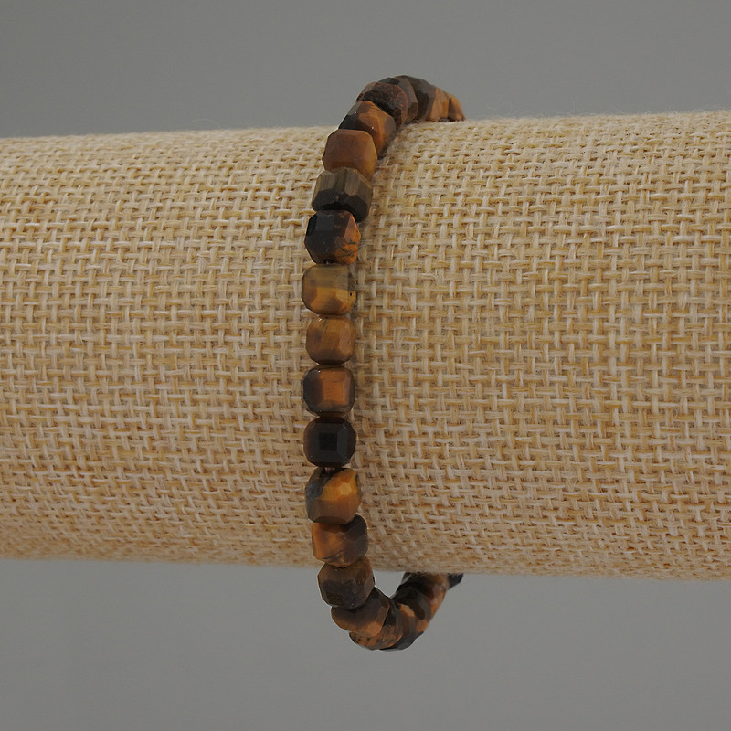 Tiger's Eye Faceted Cube Bracelet, 5mm Diameter, 18cm Length, Stretch