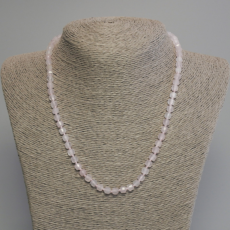 Pink Quartz Faceted Cube Necklace, 5 mm diameter, 45 cm length, with clasp