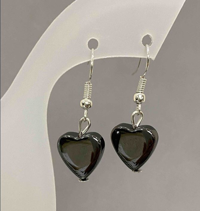 Hematite Heart Earrings, diameter 11 mm, length 30 mm