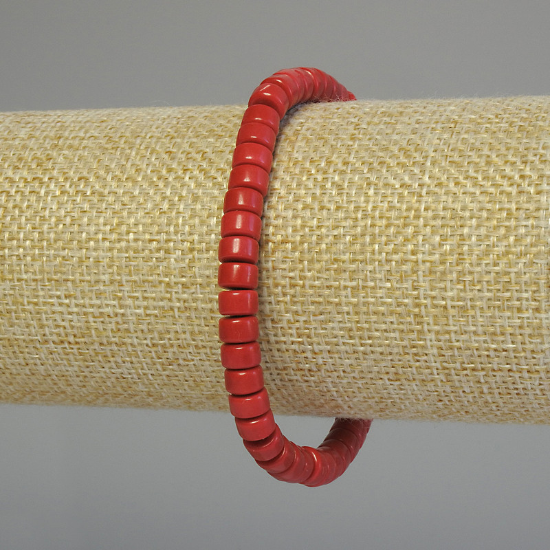 Elastic bracelet with artificial coral rondel beads, 6x4 mm, 18 cm length