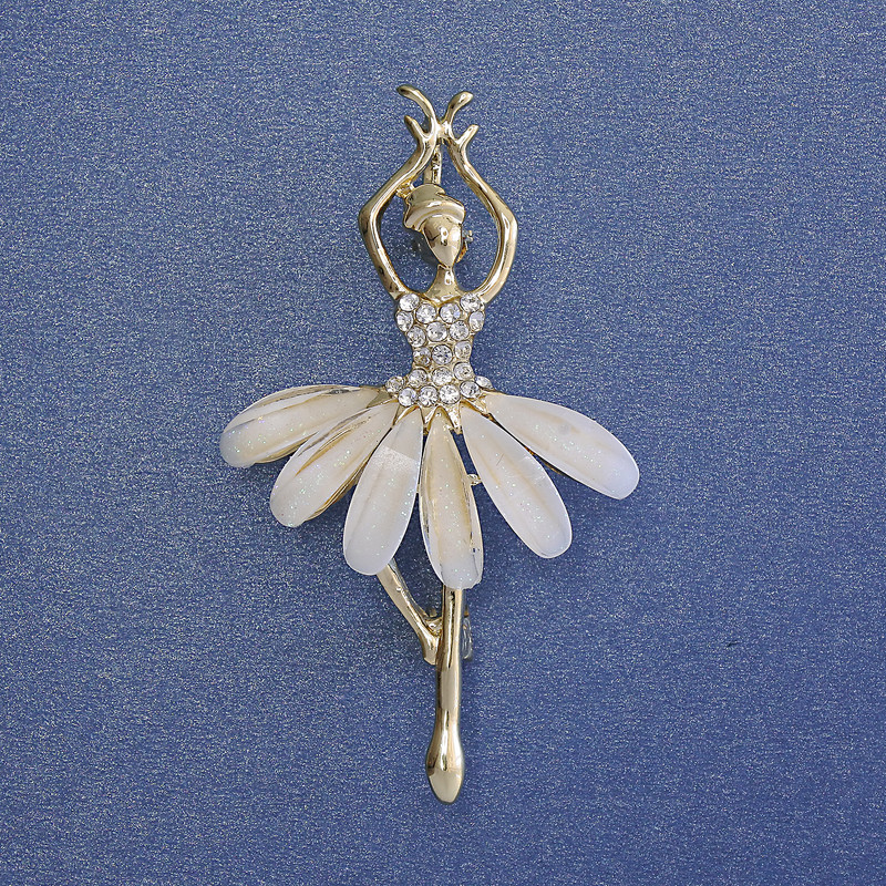 Ballerina Brooch-Pendant with White Crystals, Gold-Tone Metal 50x28 mm