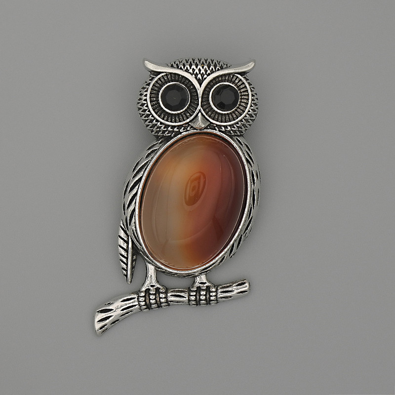 Owl Carnelian Brooch-Pendant 45x25mm ± Black Rhinestones, Silver Metal