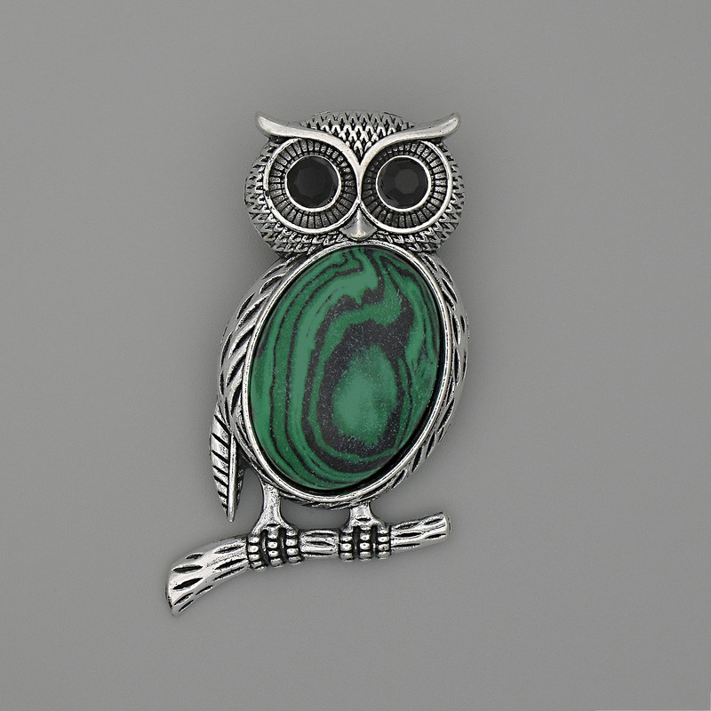 Brooch Pendant Owl Malachite 45×25 mm ± black srazi silver-tone metal