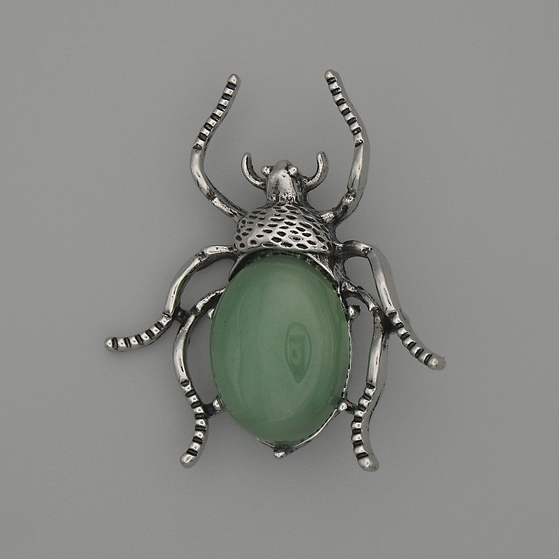 Beetle nephrite brooch-pendant 44x37mm, silver-toned metal