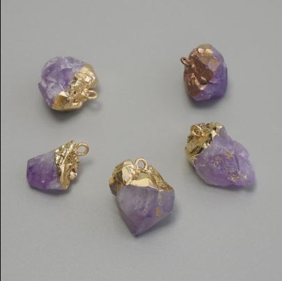 Amethyst Pendant, Uncut, Assorted Sizes 10–14×15–22 mm, Gold-Tone Metal