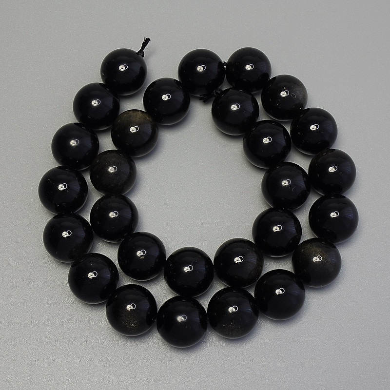 Sun Obsidian Beads - Smooth Sphere, 14mm Diameter ± on Thread, Length 37cm+