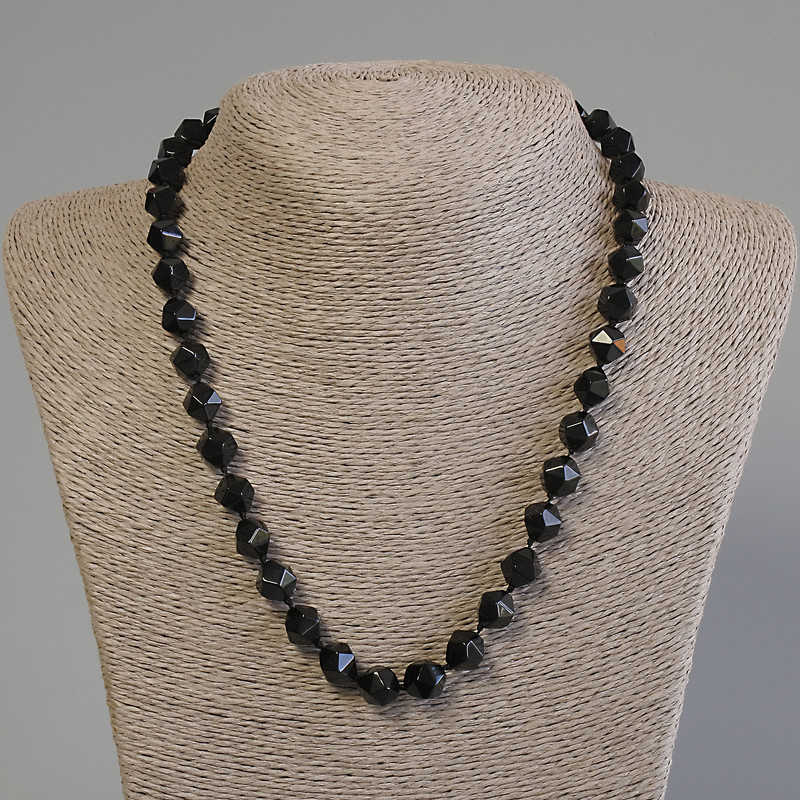 Multifaceted Black Onyx Necklace, bead diameter 10x9 mm, length 50 cm ± with a clasp