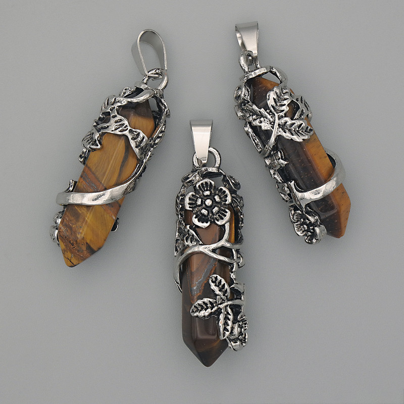 Tiger's Eye Pendant — Hexagon with Flower 35x15xmm+-, Length 44mm+-