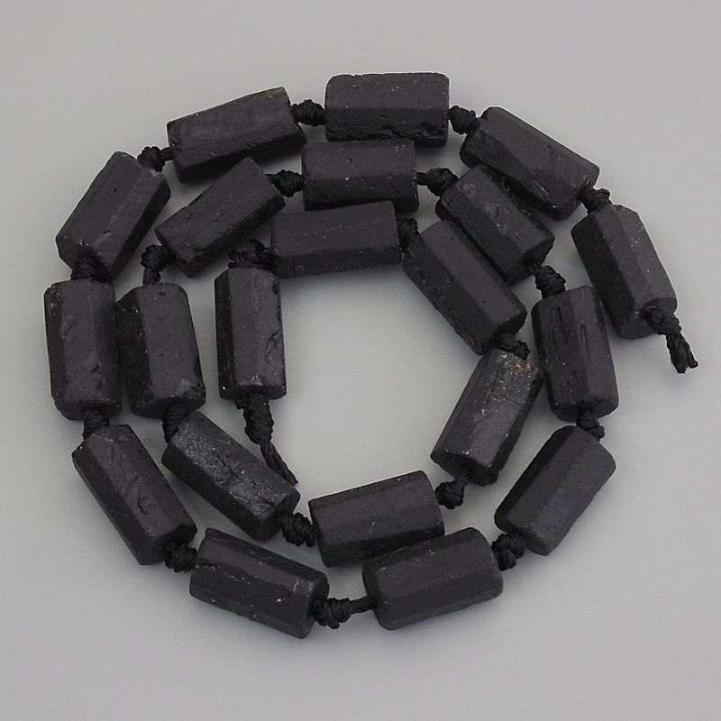 Tourmaline Sherl Beads, Unpolished Stone, Diameter 14x8 mm ± on Thread, Length 41 cm ±