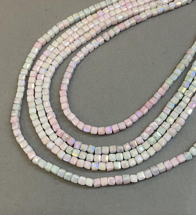 Czech Crystal Beads Multicolor with Gasoline-Type Coating on Thread, Faceted Cube, 4x4 mm Diameter, 38 cm Length