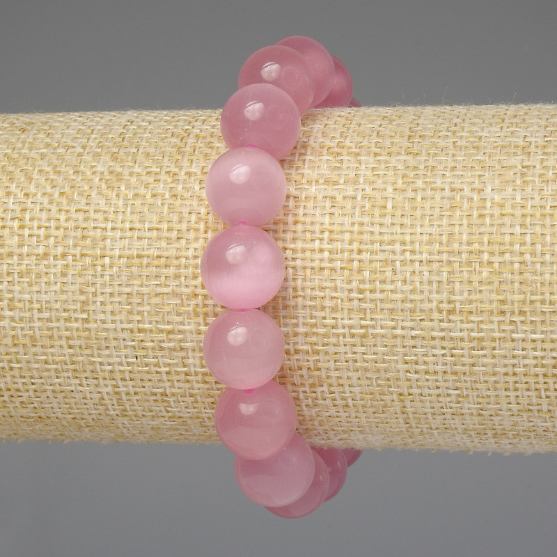 Pink Cat's Eye Bracelet with 12mm Smooth Beads, 18 cm Stretch