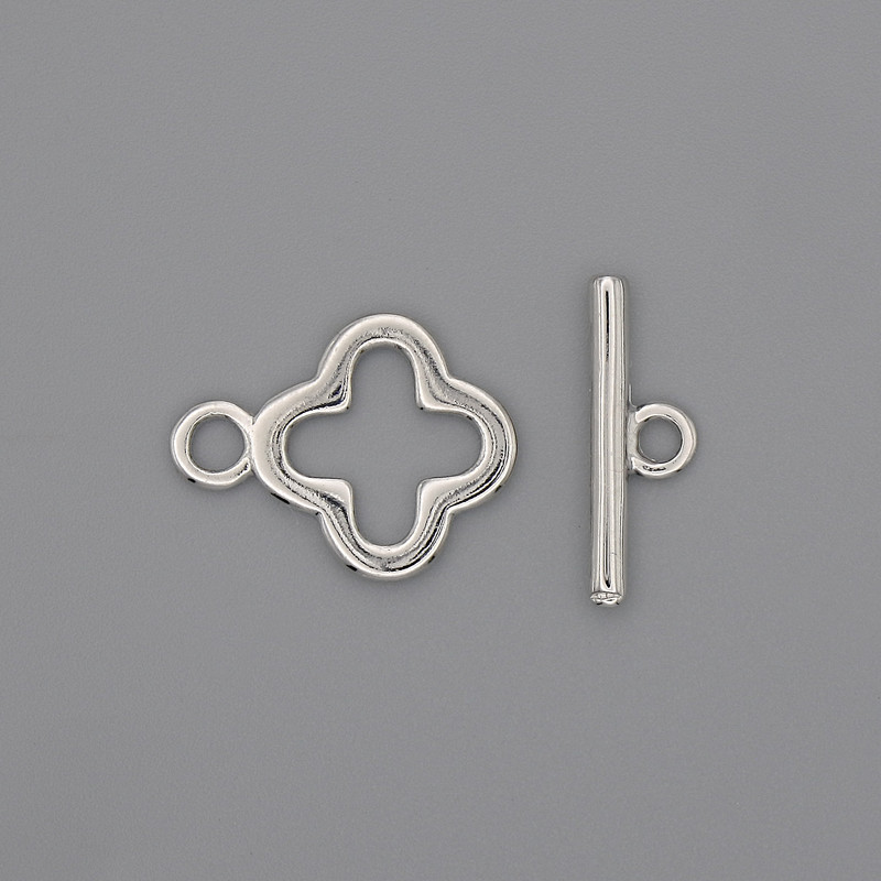 Toggle Clasp Hardware, Clover-Shaped, 17×2 mm Diameter; Clover Decorative Element 14 mm; Hole Diameter 10 mm; Silver-Colored Metal