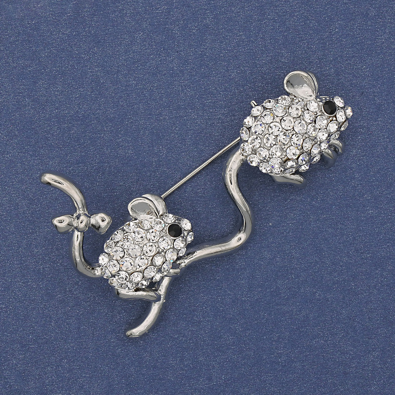 Jerboas Brooch with White Crystals, Silver Metal 49x31mm+
