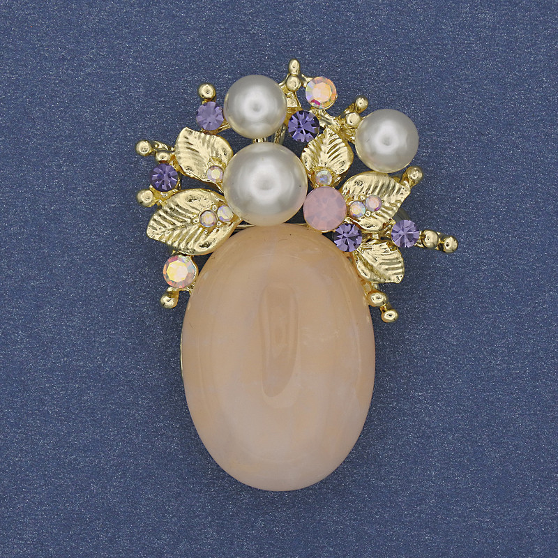 Accent Brooch-Pendant with Pink Quartz, Rhinestones and Pearls (synthetic) Gold-Tone 40x30mm+