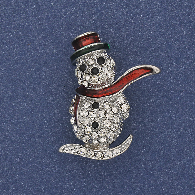 New Year Snowman Brooch, enamel, white crystals, silver-tone metal, 32x22mm +
