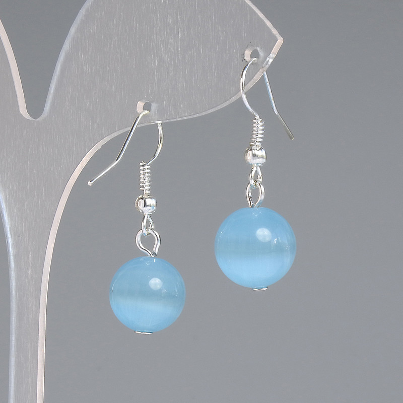 Blue Cat's Eye Earrings, smooth ball, diameter 11.5 mm, length 30 mm, silver metal