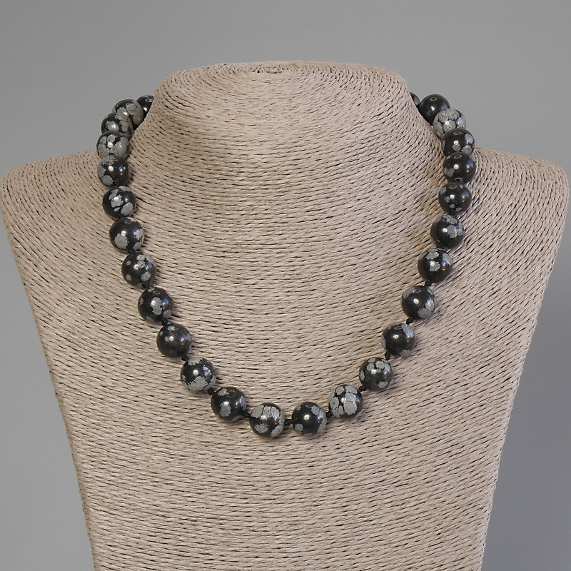 Snow Obsidian Necklace with smooth beads, 12 mm diameter, 50 cm long ± with clasp