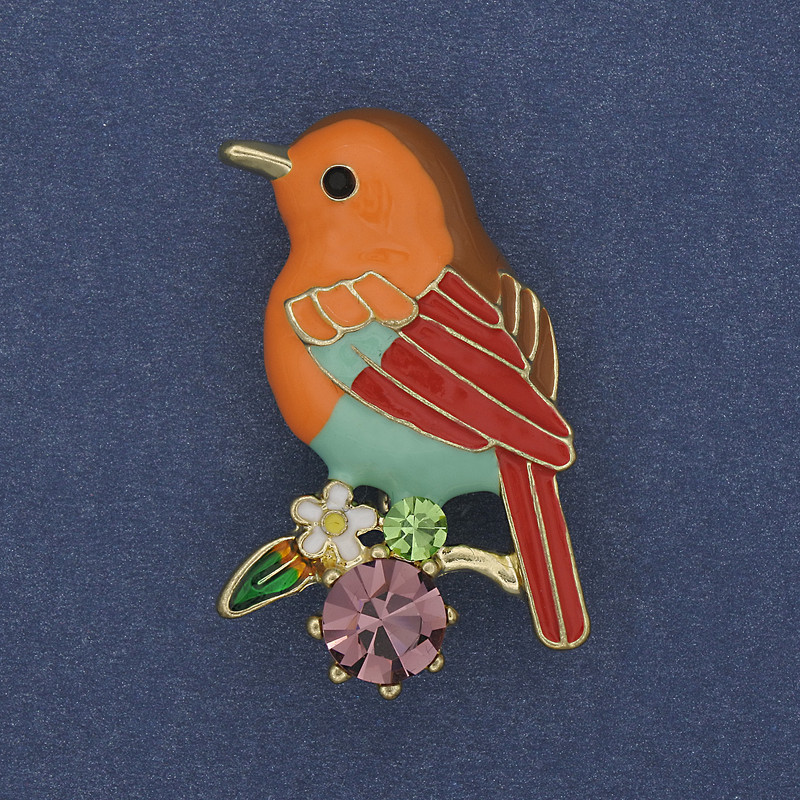 Brooch 'Bird' with colored enamel, crystals, golden metal 24x38mm +