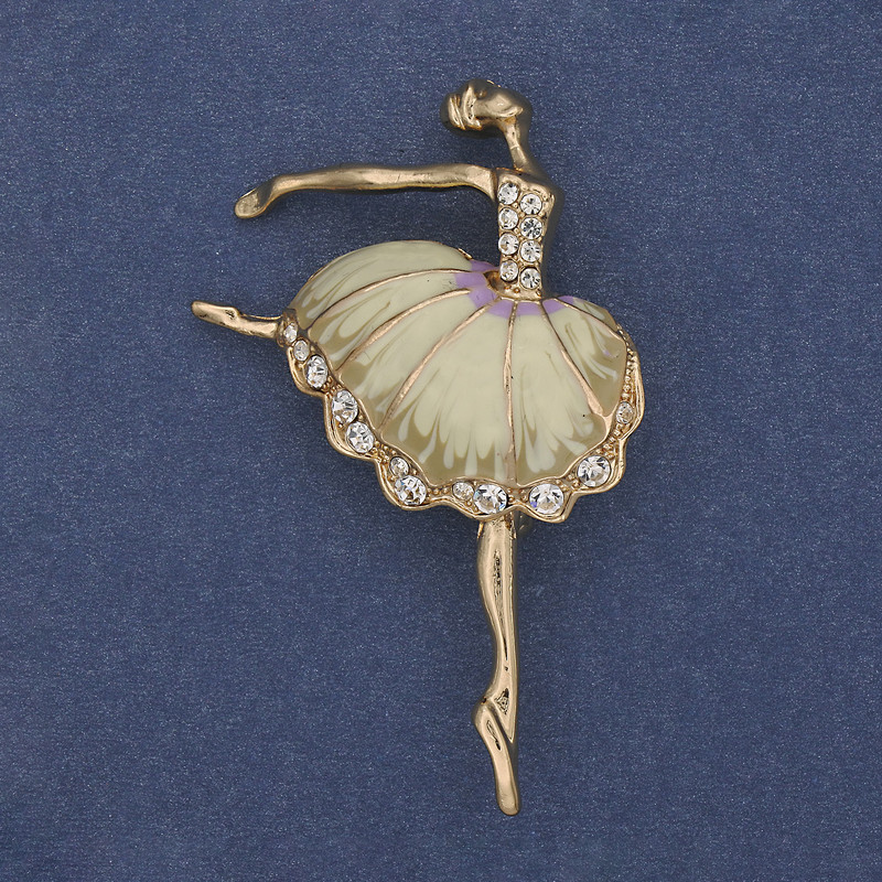 Brooch 'Ballerina' beige enamel and white crystals on gold-toned metal 35x56mm+
