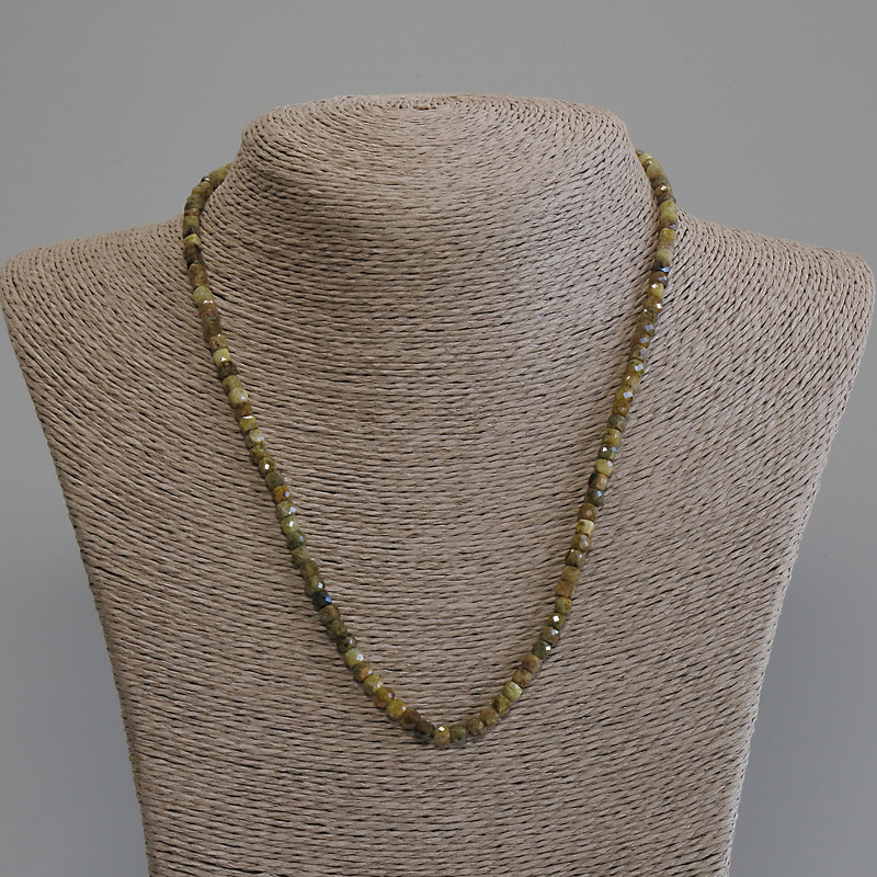 Grossular Necklace (Green Garnet) Faceted Cube 4x4 mm, Length 50 cm, with Clasp
