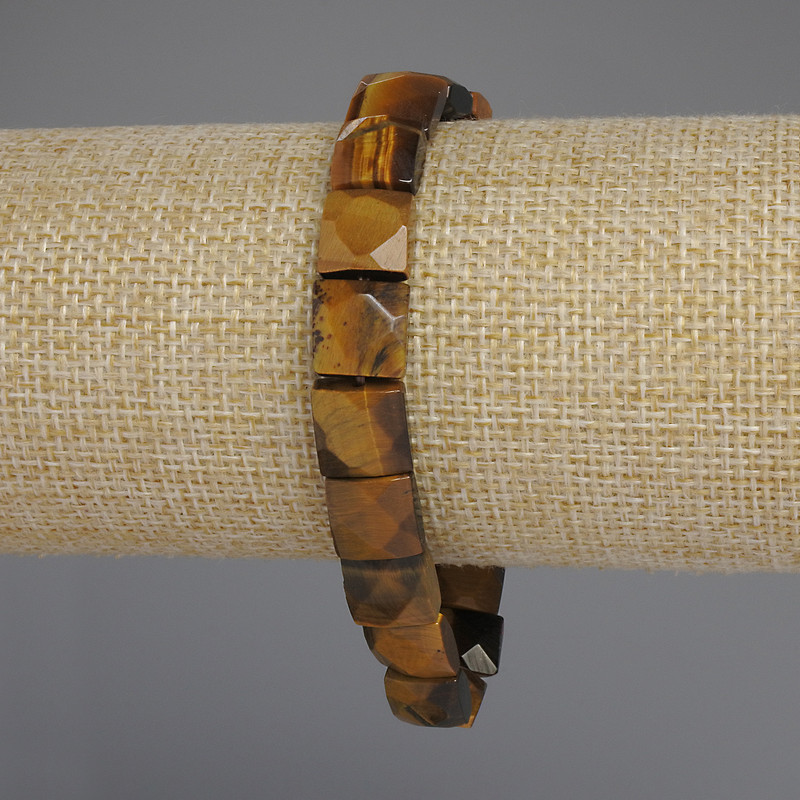 Tiger's Eye Bracelet with Faceted Square Beads, 10 mm, 18 cm, Elastic