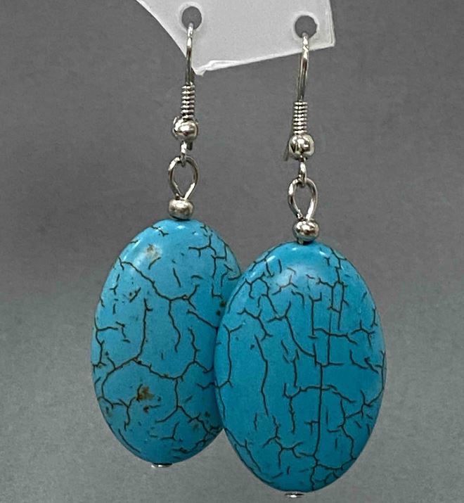 Drop earrings with oval smooth cabochons in turquoise, 21x55mm+