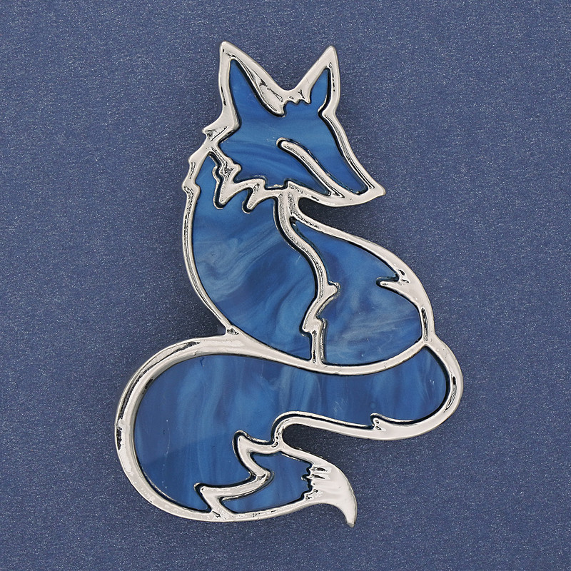 Fox Brooch-Pendant Blue Pearlescent Silvery Metal 56x38mm+