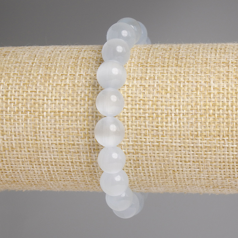 Gray Cat's Eye Bracelet, smooth beads, 9.5 mm diameter, 18 cm length, stretch